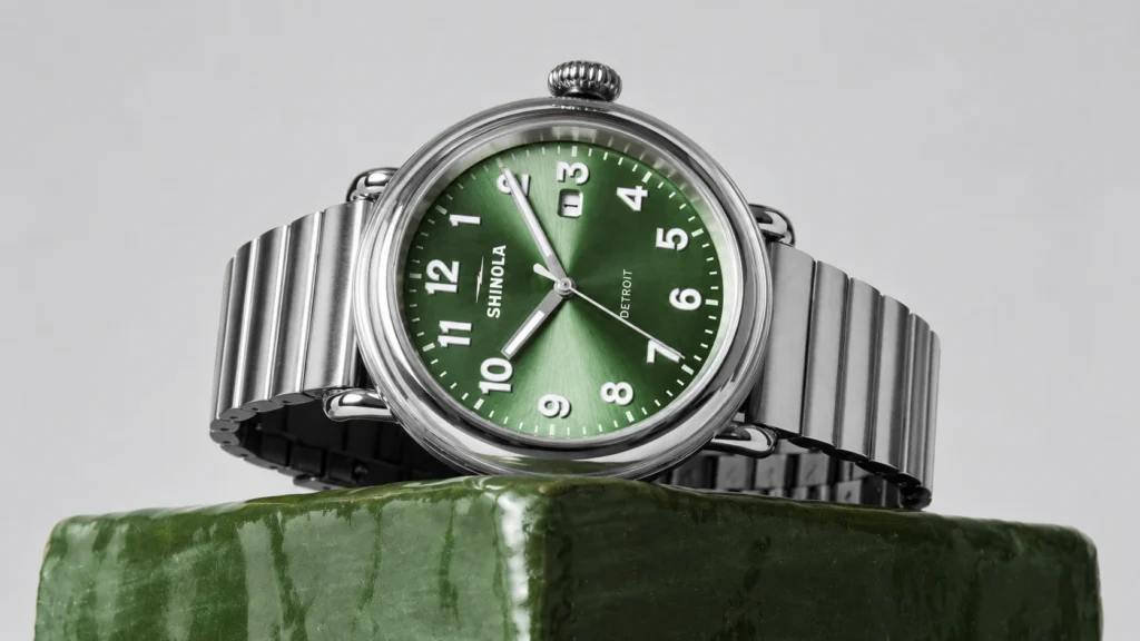 A deep green sunray dial gives this Shinola Detrola a richer, more elevated feel while keeping the collection’s easygoing personality intact.