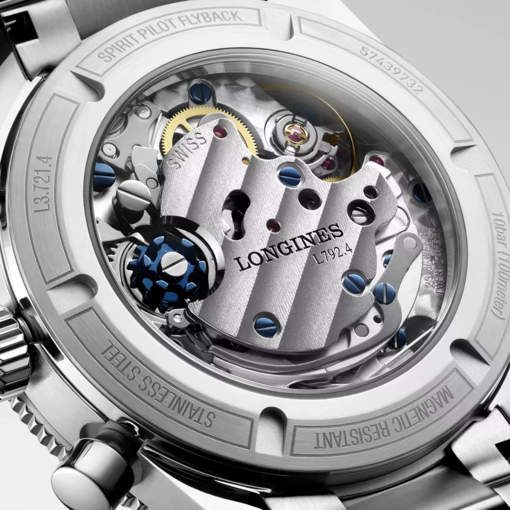 Worth flipping over: the Spirit Pilot Flyback’s sapphire case back reveals its hand-wound L792.4 movement. Image courtesy of Longines.