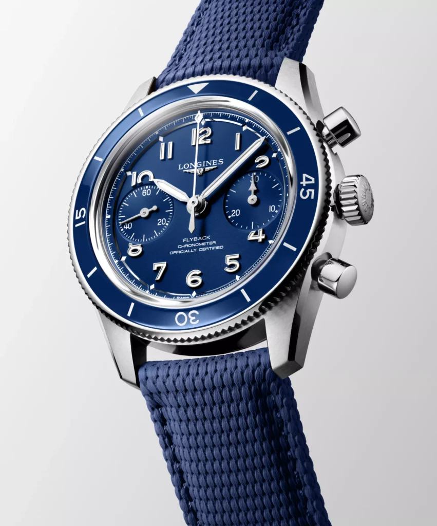 The weekend-ready option: a textured blue rubber strap brings a sportier look to the Longines Spirit Pilot Flyback. Image courtesy of Longines.