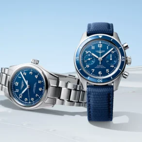 Two reasons to go blue: the Longines Spirit Pilot on steel and Spirit Pilot Flyback on matching blue rubber. Image courtesy of Longines.