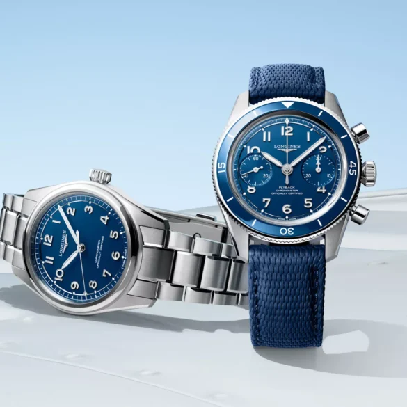 Two reasons to go blue: the Longines Spirit Pilot on steel and Spirit Pilot Flyback on matching blue rubber. Image courtesy of Longines.