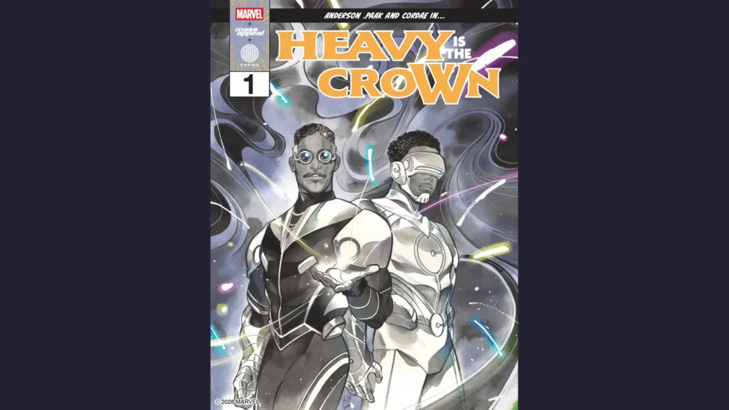 An alternate cover of Heavy Is The Crown reimagines Anderson .Paak and Cordae in futuristic armor for the Marvel and Mass Appeal collaboration. © 2026 Marvel.